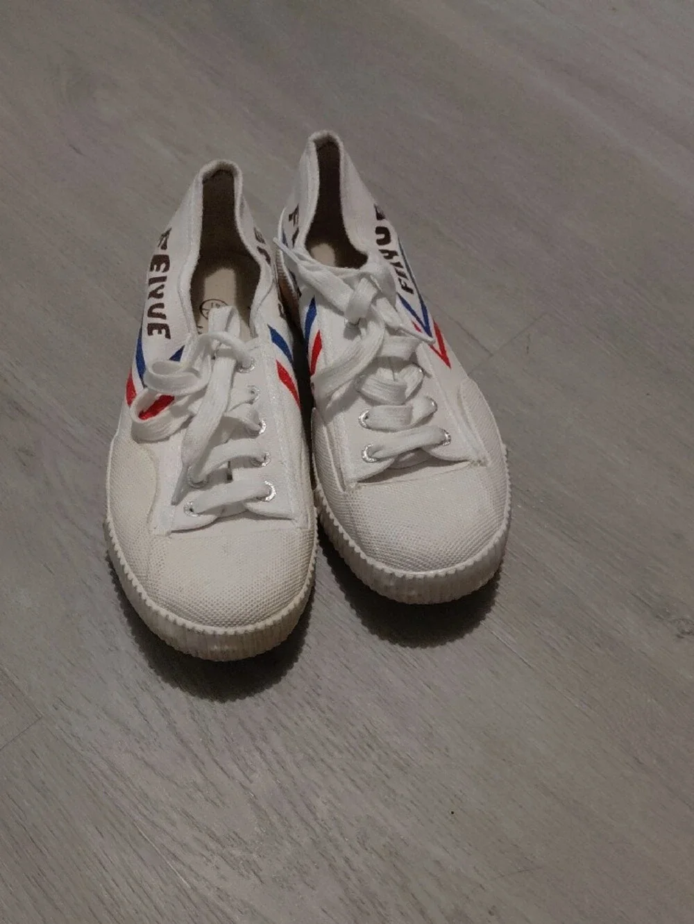 Feiyue White Canvas Sneakers with Red & Blue Chevron Detail